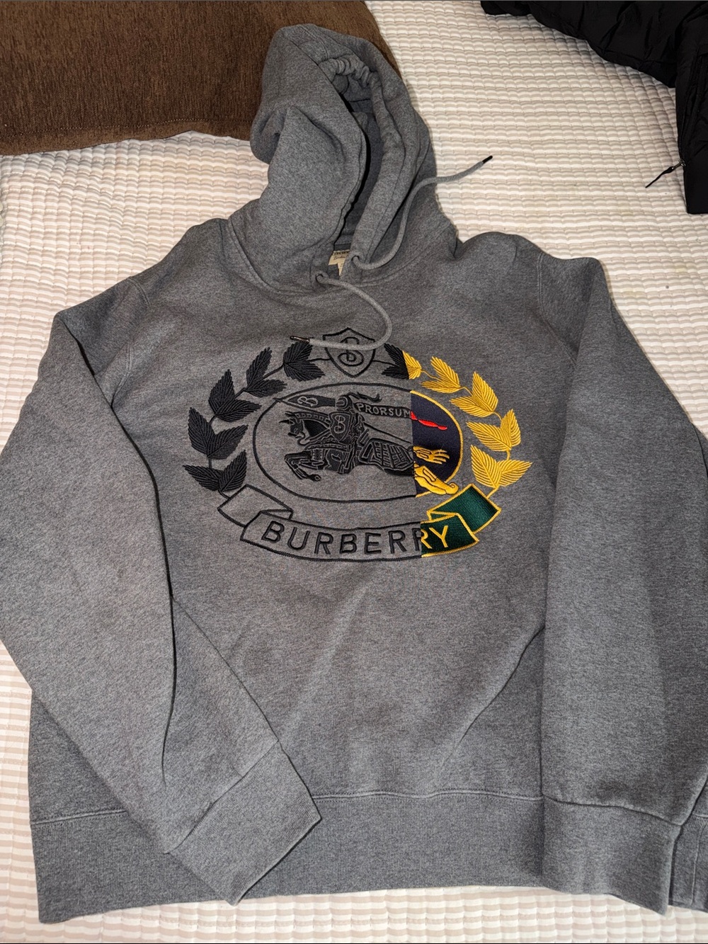 Burberry Gray Hoodie with Yellow and Green Embroidered Crest